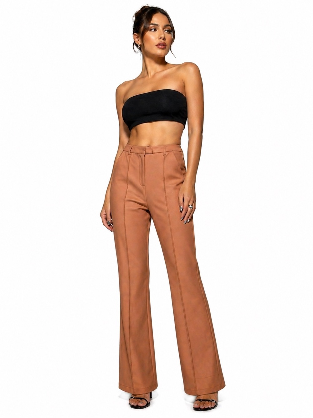 MISSGUIDED Faux Leather Flare Hem Trousers High Waist Wide Leg Tangerine Pants